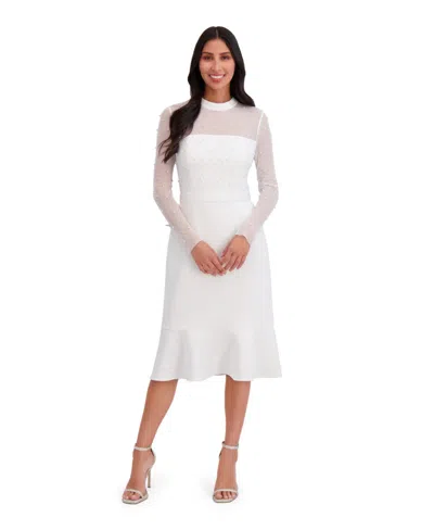 London Times Petite Beaded Illusion Mock-neck Midi Dress In White