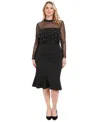 London Times Plus Size Beaded Illusion Mock-neck Midi Dress In Black