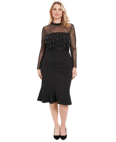LONDON TIMES PETITE BEADED ILLUSION MOCK-NECK MIDI DRESS