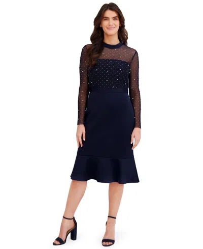 London Times Petite Beaded Illusion Mock-neck Midi Dress In Blue