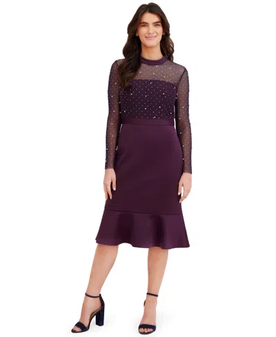 London Times Petite Beaded Illusion Mock-neck Midi Dress In Deep Plum,deep Plum 181