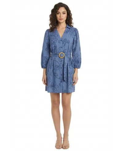 London Times Petite Belted Embroidered Collared Shirt Dress In Blue