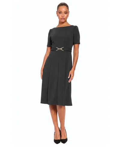 London Times Petite Belted Midi Boat Neck Dress In Black
