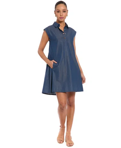 London Times Petite Cap-sleeve Collared A-line Dress In Blue