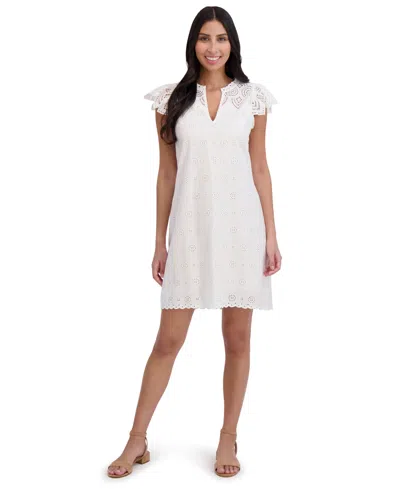 London Times Petite Cotton Eyelet-embroidered Mini Dress