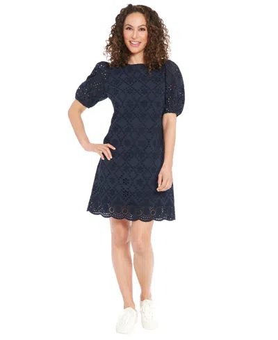 London Times Petite Cotton Eyelet Puff-sleeve Dress In Blue