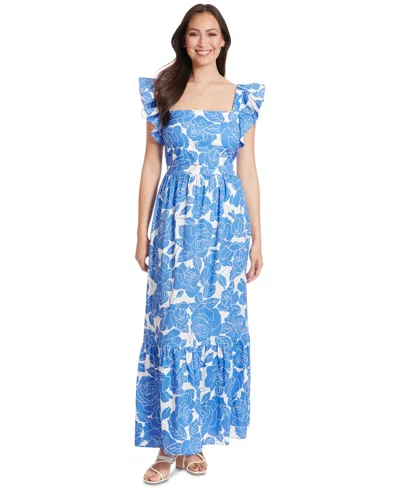 London Times Petite Cotton Floral Ruffle-sleeve Maxi Dress In Ivory Blue