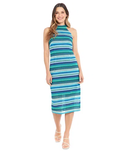 London Times Petite Crochet Halter Midi Dress In Blue Multi