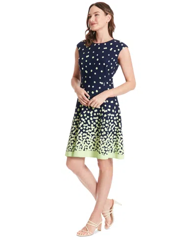 London Times Petite Dot-print Fit & Flare Dress In Navy,green
