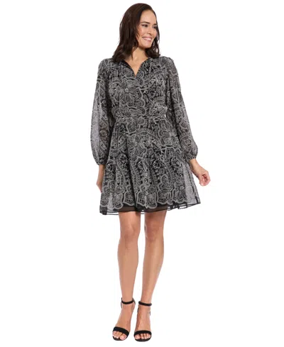 London Times Petite Elastic Waist A-line Short Dress In Gray