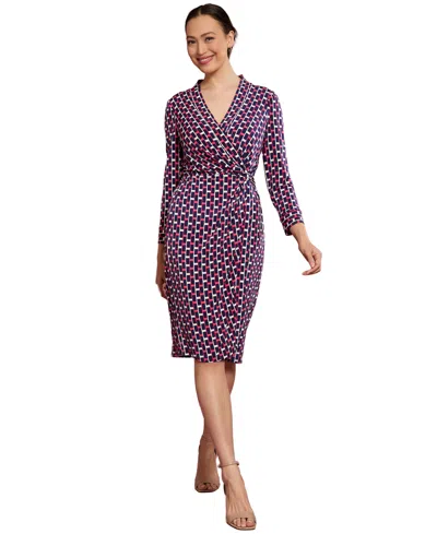 London Times Petite Faux Wrap Midi Dress In Brown