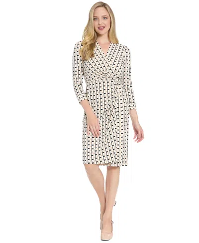 London Times Petite Faux Wrap Midi Dress In Multi