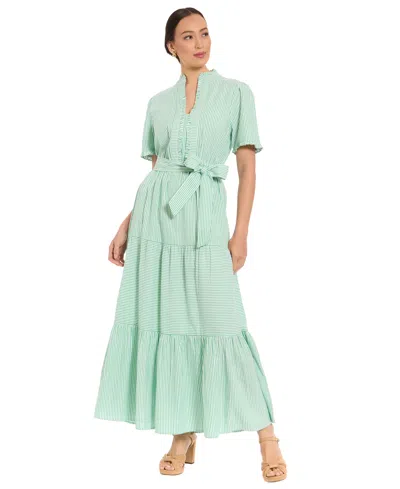 London Times Petite Fit & Flare Slit Neck Tiered Maxi Dress In Green
