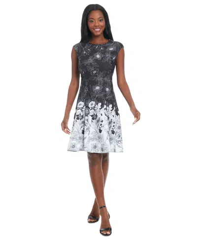 London Times Petite Floral-print Fit & Flare Dress In Black Ivory
