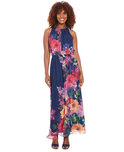 London Times Petite Floral-print Halter Maxi Dress In Navy Coral