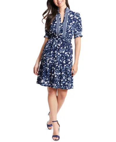 London Times Petite Floral-print Puff-sleeve Dress In Navy,blue