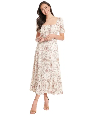 London Times Petite Floral-print Puff-sleeve Midi Dress In Brown