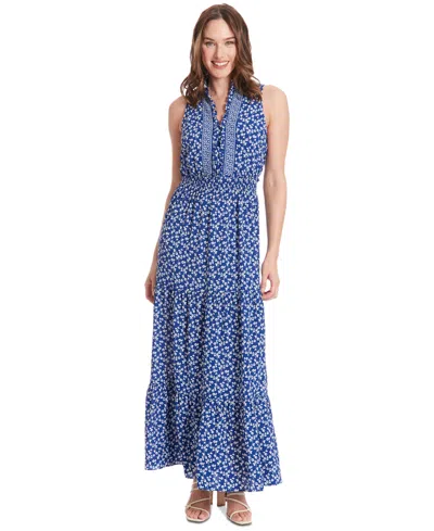 London Times Petite Floral-print Ruffle-collar Maxi Dress In Blue Ivory