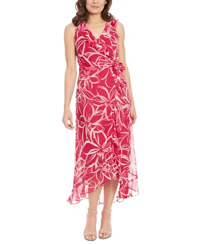 London Times Petite Floral-print Ruffled Maxi Dress In Wine White