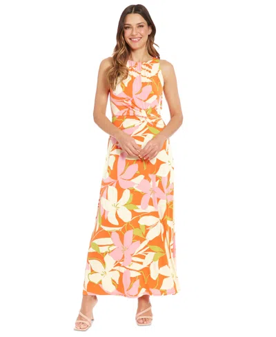 London Times Petite Floral-print Twisted-waist Dress In Orange Pink
