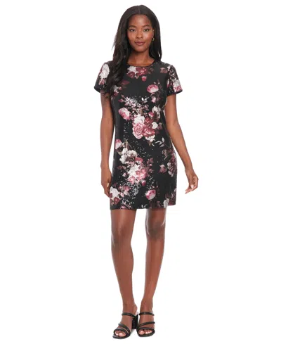 London Times Petite Floral-sequin Short-sleeve Dress In Black Multi
