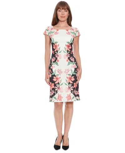 London Times Petite Floral Square-neck Sheath Dress In Black Peach