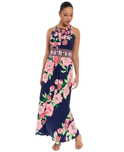 London Times Petite Key-hole Neck Maxi Dress In Multi