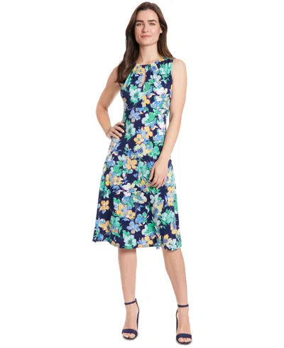 London Times Petite Keyhole Pleat-neck A-line Dress In Navy Teal