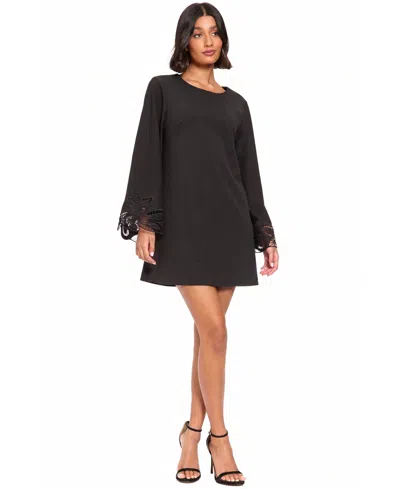 London Times Petite Lasercut Long-sleeve Mini Shift Dress In Black