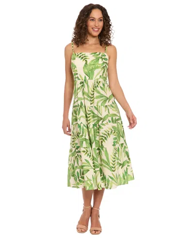 London Times Petite Leaf-print Tiered Smocked Dress In Neutral