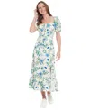 London Times Petite Linen-blend Floral-print Maxi Dress In Crmdnblu
