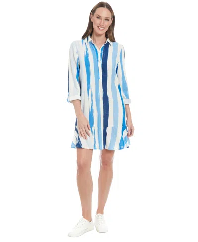 London Times Petite Linen-blend Striped Shift Dress In Ivory Blue