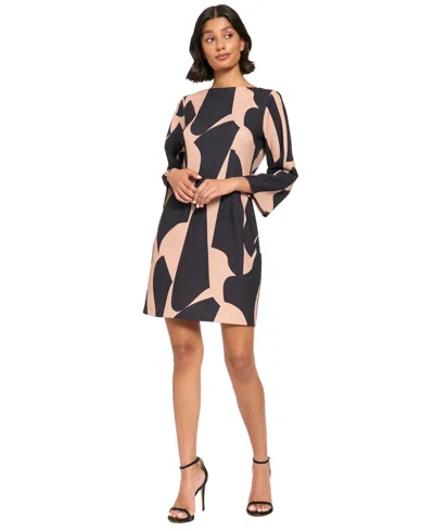 London Times Petite Long-sleeve Printed Dress In Brown