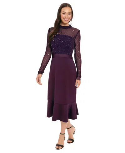 London Times Petite Mock Neck Midi Dress In Purple