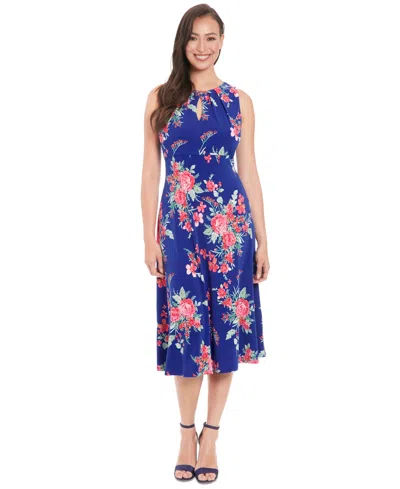 London Times Petite Pleated Keyhole Floral-print Midi Dress In Navy/ Pink