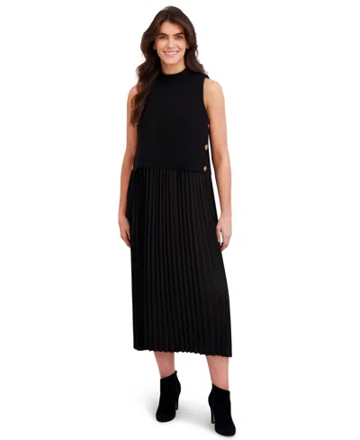 London Times Petite Pleated Knit Mock Neck Midi Dress In Black