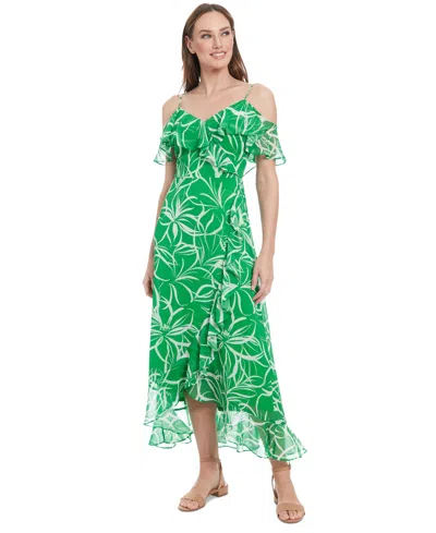 London Times Petite Printed Cold-shoulder Maxi Dress In Kelly Green