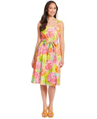 London Times Petite Printed Fit & Flare Dress In Lime.pink