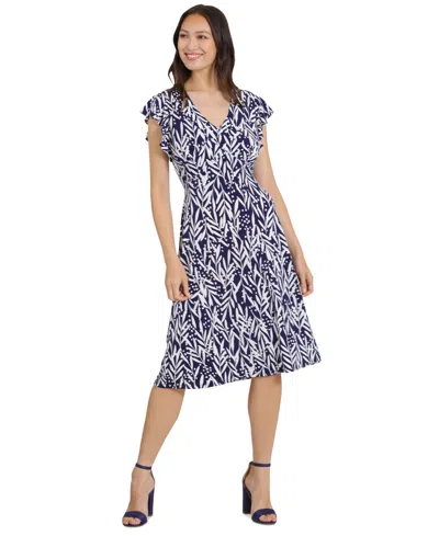 London Times Petite Printed Flutter-sleeve Dress In Navy,ivory