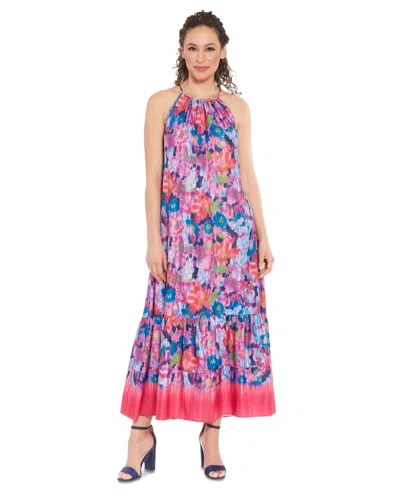 London Times Petite Printed Halter-neck Maxi Dress In Pink Blue