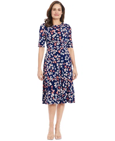 London Times Petite Printed Jersey A-line Midi Dress In Navy Coral