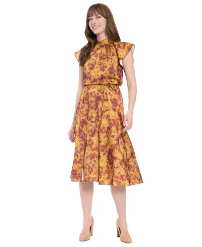 London Times Petite Printed Midi Dress In Brown