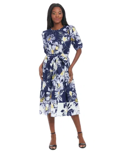 London Times Petite Printed Puff-sleeve Midi Dress In Navy Ivory
