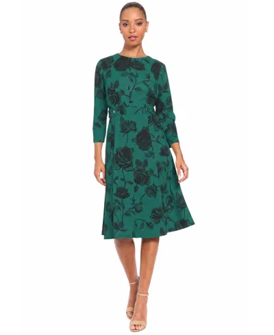 London Times Petite Printed Side Tab Floral A-line 3/4-sleeve Midi Dress In Green