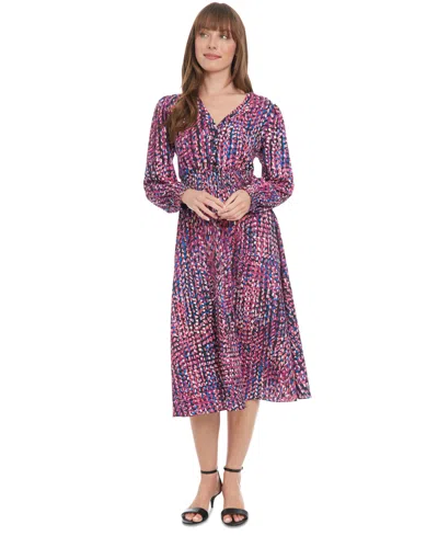 London Times Petite Printed Smocked-waist Dress In Pink Multi