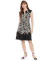 London Times Split Neck Fit And Flare Dress In Black/cream In Black Cream