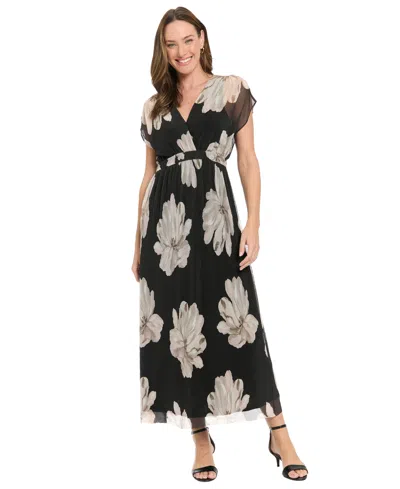 London Times Petite Printed Surplice Neck Maxi Dress In Multi