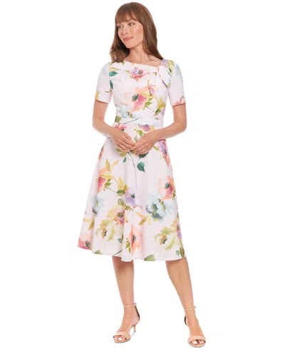 London Times Petite Printed Tie-neck Fit & Flare Dress In Beige