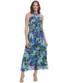 London Times Floral Print Halter Neck Maxi Dress In Aqua Royal In Multi