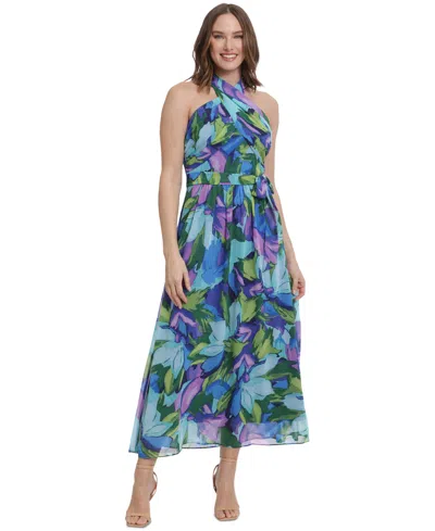 London Times Petite Printed Wrap-neck Maxi Dress